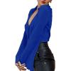 imageLYANER Womens Deep V Neck Button Front Bell Long Sleeve Blouse Shirt TopRoyal Blue