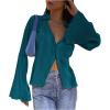 imageLYANER Womens Deep V Neck Button Front Bell Long Sleeve Blouse Shirt TopTeal