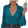 imageLYANER Womens Deep V Neck Button Front Bell Long Sleeve Blouse Shirt TopTeal