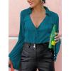 imageLYANER Womens Deep V Neck Button Front Bell Long Sleeve Blouse Shirt TopTeal