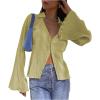 imageLYANER Womens Deep V Neck Button Front Bell Long Sleeve Blouse Shirt TopYellow