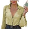 imageLYANER Womens Deep V Neck Button Front Bell Long Sleeve Blouse Shirt TopYellow