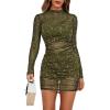 imageLYANER Womens Mesh Dress Long Sleeve Bodycon 3 Piece Outfits with Cami ShortsArmy Green