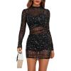 imageLYANER Womens Mesh Dress Long Sleeve Bodycon 3 Piece Outfits with Cami ShortsGlitter Black