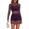 imageLYANER Womens Mesh Dress Long Sleeve Bodycon 3 Piece Outfits with Cami ShortsGlitter Dark Purple