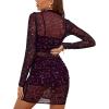 imageLYANER Womens Mesh Dress Long Sleeve Bodycon 3 Piece Outfits with Cami ShortsGlitter Solid Dark Purple