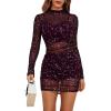 imageLYANER Womens Mesh Dress Long Sleeve Bodycon 3 Piece Outfits with Cami ShortsGlitter Solid Dark Purple