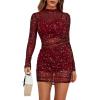 imageLYANER Womens Mesh Dress Long Sleeve Bodycon 3 Piece Outfits with Cami ShortsGlitter Wine Red