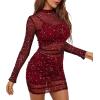imageLYANER Womens Mesh Dress Long Sleeve Bodycon 3 Piece Outfits with Cami ShortsGlitter Wine Red