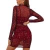 imageLYANER Womens Mesh Dress Long Sleeve Bodycon 3 Piece Outfits with Cami ShortsGlitter Wine Red