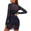 imageLYANER Womens Mesh Dress Long Sleeve Bodycon 3 Piece Outfits with Cami ShortsNavy Blue