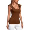 imageLYANER Womens Ribbed Knit Square Neck Sleeveless Tank Top Ruffle Cap Sleeve Shirt BlouseDeep Brown