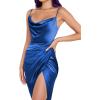 imageLYANER Womens Sexy Satin Cowl Neck Spaghetti Straps Wrap Ruched Sleeveless Split Party Midi Cami DressRoyal Blue