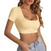 imageLYANER Womens Summer Crop Tops Square Neck Short Sleeve Workout Shirt Going Out Sexy Top Basic Slim Fit TeesBeige