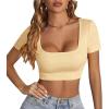 imageLYANER Womens Summer Crop Tops Square Neck Short Sleeve Workout Shirt Going Out Sexy Top Basic Slim Fit TeesBeige
