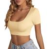 imageLYANER Womens Summer Crop Tops Square Neck Short Sleeve Workout Shirt Going Out Sexy Top Basic Slim Fit TeesBeige