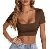 imageLYANER Womens Summer Crop Tops Square Neck Short Sleeve Workout Shirt Going Out Sexy Top Basic Slim Fit TeesBrown