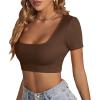imageLYANER Womens Summer Crop Tops Square Neck Short Sleeve Workout Shirt Going Out Sexy Top Basic Slim Fit TeesBrown