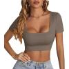 imageLYANER Womens Summer Crop Tops Square Neck Short Sleeve Workout Shirt Going Out Sexy Top Basic Slim Fit TeesGray