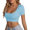 imageLYANER Womens Summer Crop Tops Square Neck Short Sleeve Workout Shirt Going Out Sexy Top Basic Slim Fit TeesLight Blue