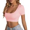 imageLYANER Womens Summer Crop Tops Square Neck Short Sleeve Workout Shirt Going Out Sexy Top Basic Slim Fit TeesLight Pink