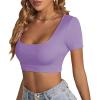 imageLYANER Womens Summer Crop Tops Square Neck Short Sleeve Workout Shirt Going Out Sexy Top Basic Slim Fit TeesPurple