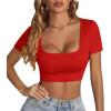 imageLYANER Womens Summer Crop Tops Square Neck Short Sleeve Workout Shirt Going Out Sexy Top Basic Slim Fit TeesRed
