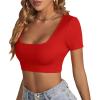 imageLYANER Womens Summer Crop Tops Square Neck Short Sleeve Workout Shirt Going Out Sexy Top Basic Slim Fit TeesRed
