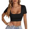 imageLYANER Womens Summer Crop Tops Square Neck Short Sleeve Workout Shirt Going Out Sexy Top Basic Slim Fit TeesSolid Black