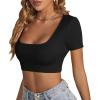 imageLYANER Womens Summer Crop Tops Square Neck Short Sleeve Workout Shirt Going Out Sexy Top Basic Slim Fit TeesSolid Black