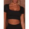 imageLYANER Womens Summer Crop Tops Square Neck Short Sleeve Workout Shirt Going Out Sexy Top Basic Slim Fit TeesSolid Black