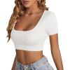 imageLYANER Womens Summer Crop Tops Square Neck Short Sleeve Workout Shirt Going Out Sexy Top Basic Slim Fit TeesSolid White