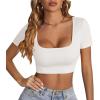 imageLYANER Womens Summer Crop Tops Square Neck Short Sleeve Workout Shirt Going Out Sexy Top Basic Slim Fit TeesSolid White