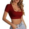 imageLYANER Womens Summer Crop Tops Square Neck Short Sleeve Workout Shirt Going Out Sexy Top Basic Slim Fit TeesWine Red