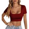 imageLYANER Womens Summer Crop Tops Square Neck Short Sleeve Workout Shirt Going Out Sexy Top Basic Slim Fit TeesWine Red