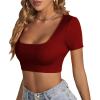 imageLYANER Womens Summer Crop Tops Square Neck Short Sleeve Workout Shirt Going Out Sexy Top Basic Slim Fit TeesWine Red