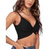 imageLYANER Womens Twist Knot Front Deep V Neck Rib Knit Sleeveless Cami Tank Crop TopSolid Black