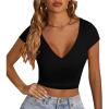 imageLYANER Womens Crop Tops V Neck Short Sleeve Summer Tee Going Out Sexy Top Slim Fit Workout ShirtsBlack
