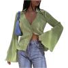 imageLYANER Womens Deep V Neck Button Front Bell Long Sleeve Blouse Shirt TopLight Green