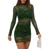 imageLYANER Womens Mesh Dress Long Sleeve Bodycon 3 Piece Outfits with Cami ShortsDark Green