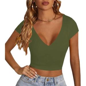 imageLYANER Womens Crop Tops V Neck Short Sleeve Summer Tee Going Out Sexy Top Slim Fit Workout ShirtsAmy Green