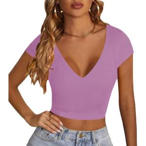 imageLYANER Womens Crop Tops V Neck Short Sleeve Summer Tee Going Out Sexy Top Slim Fit Workout ShirtsPurple