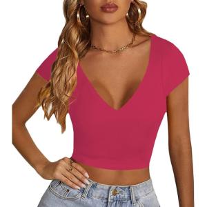 imageLYANER Womens Crop Tops V Neck Short Sleeve Summer Tee Going Out Sexy Top Slim Fit Workout ShirtsRose
