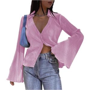 imageLYANER Womens Deep V Neck Button Front Bell Long Sleeve Blouse Shirt TopBaby Pink