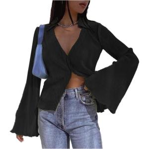 imageLYANER Womens Deep V Neck Button Front Bell Long Sleeve Blouse Shirt TopBlack