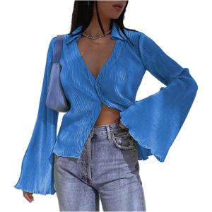 imageLYANER Womens Deep V Neck Button Front Bell Long Sleeve Blouse Shirt TopBlue