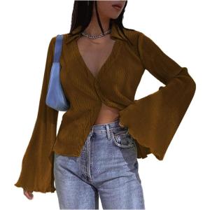 imageLYANER Womens Deep V Neck Button Front Bell Long Sleeve Blouse Shirt TopBrown
