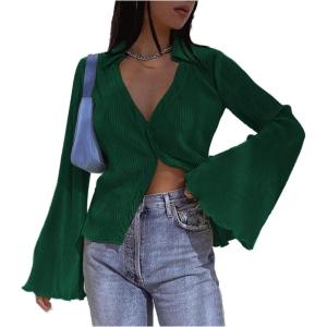 imageLYANER Womens Deep V Neck Button Front Bell Long Sleeve Blouse Shirt TopDark Green