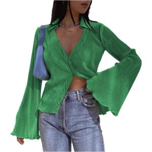 imageLYANER Womens Deep V Neck Button Front Bell Long Sleeve Blouse Shirt TopGrass Green