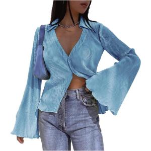 imageLYANER Womens Deep V Neck Button Front Bell Long Sleeve Blouse Shirt TopLight Blue